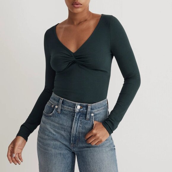 Madewell Twist-Front V-Neck Long Sleeve Fitted Tee Forest Green Size XS NWT - Picture 1 of 10